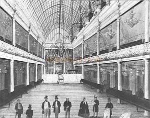 The auditorium of the first London Pavilion Music Hall after it had been enlarged several times and galleries had been added in 1862.