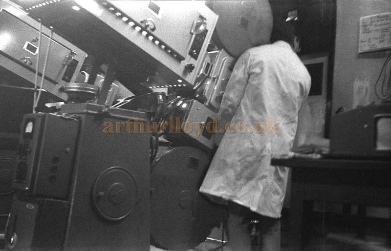Lou Phillips, Chief Projectionist of the London Pavilion, shown here in 1971 with one of the Pavilion’s Westar Projectors - Courtesy Andrew Ward