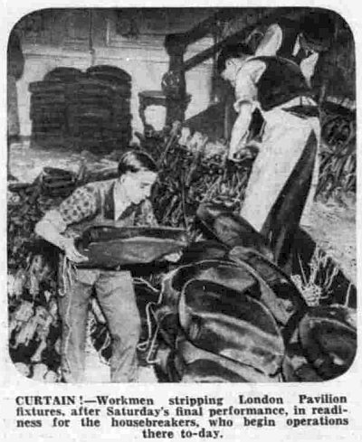 A Sketch showing Workmen removing the seating at the London Pavilion in preparation for the Theatre's Reconstruction in 1934 - From the Daily Express, 9th of April 1934.
