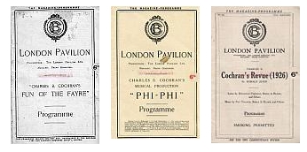 Programme Covers for 'Fun of the Fayre', 'Phi-Phi', and 'Chochran's Revue of 1926' at the London Pavilion.