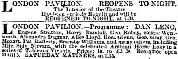 An Advertisement for the Reopening of the London Pavilion in November 1900 - From the Morning Post, 12 of November 1900.