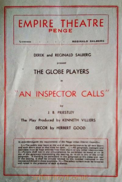 A Programme for the Globe Players production of 'An Inspector Calls' at the Penge Empire in June 1948 - Courtesy Phillip Paine.