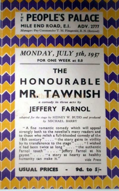 A Programme for the People's Palace Theatre, Mile End Road, for July the 5th 1937 - Courtesy Martin Clark.