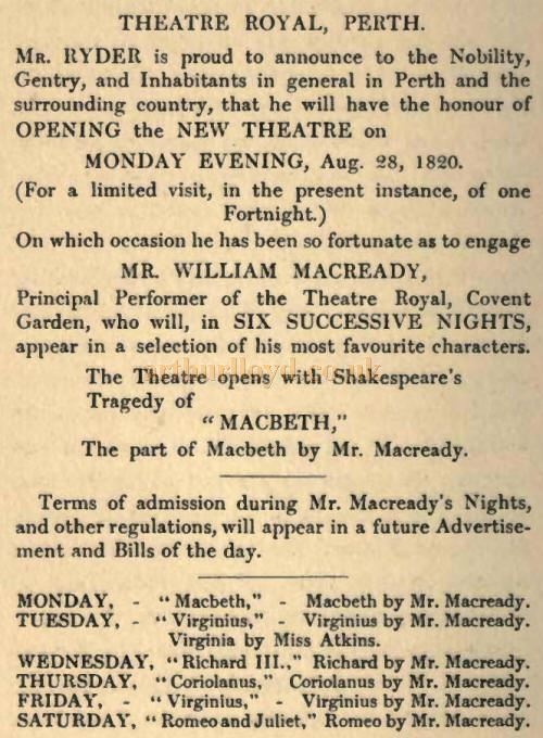 An 1820 advertisement for the opening of Perth Theatre Royal - Courtesy Graeme Smith.