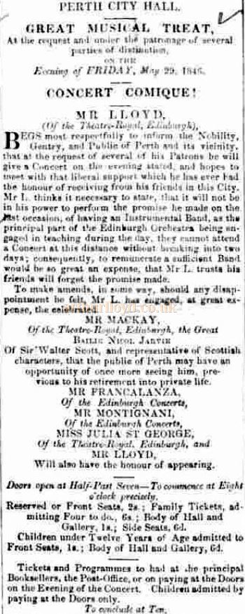 An advertisement in May 1846 for Horatio Lloyd's Concert in the City Hall, Perth - Courtesy Graeme Smith.
