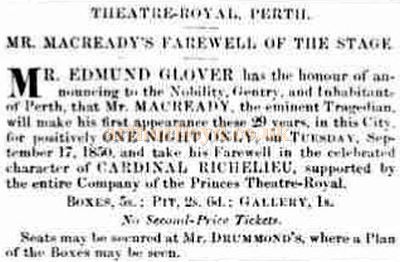 An advertisement by Edward Glover for the William Macready Farewell of 1850 - Courtesy Graeme Smith.