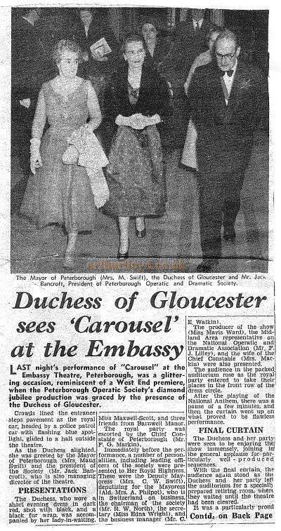Right - The Duchess of Glocester sees 'Carousel' at the Embassy Theatre Peterborough - Date unknown.
