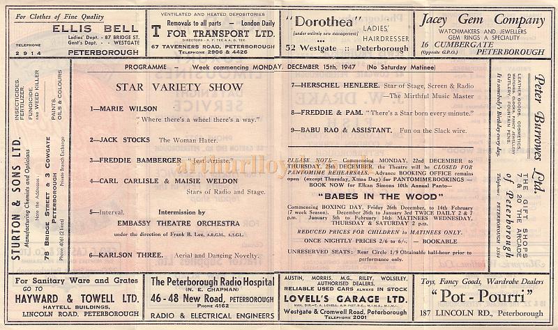 Variety Programme for the Embassy Theatre, Peterborough for the week of December 15th 1947.