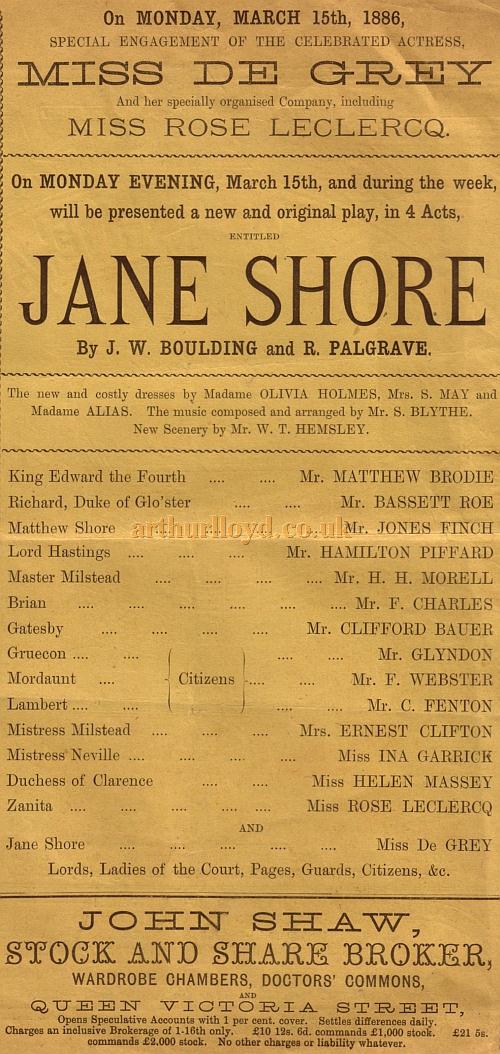 Details from a programme for the play 'Jane Shore' by J. W. Boulding and R. Palgrave at the Grand Theatre, Islington on March the 15th, 1886.