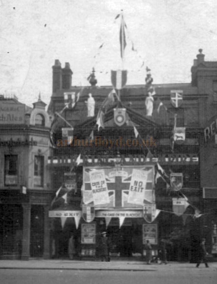The Islington Empire decked out with bunting and flags to celebrate the coronation of George VI in May 1937 - Showing at the Theatre at the time was the 1936 film 'The Case of the Black Cat' - Photo Courtesy Alan Towill whose father, Albert C. Towill, worked as a Maintenance Man at the Theatre at the time.