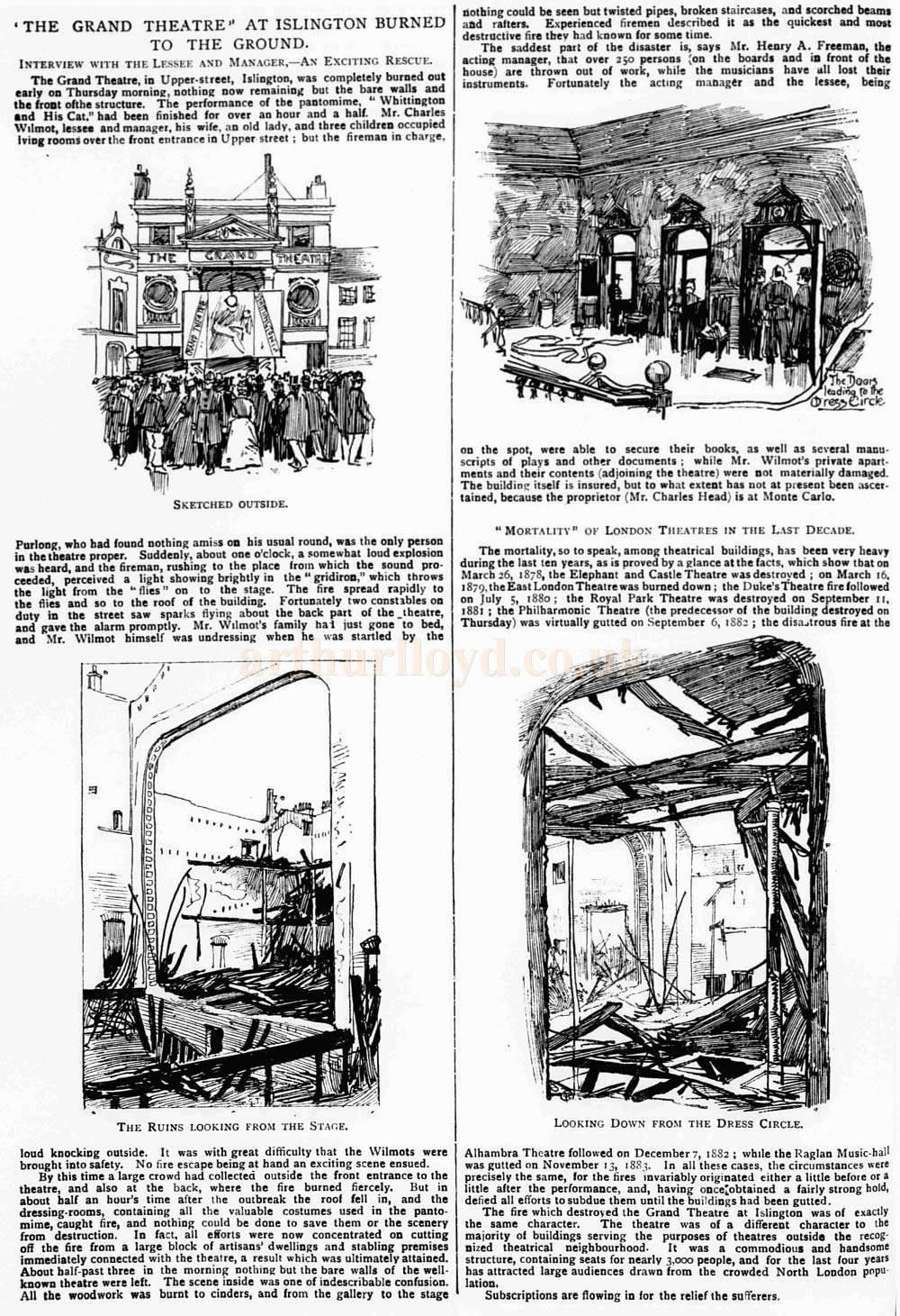 An Illustrated Article on the destruction of the Grand Theatre, Islington on Thursday the 29th of December 1887 - From The Pall Mall Budget, 5th of January 1888.