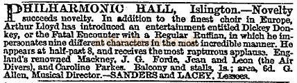 Arthur Lloyd at the Philharmonic Hall - A notice carried in the Times of Thursday, February 12, 1863.
