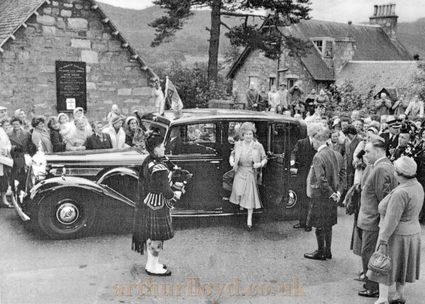 HRH The Queen Mother Attending a Gala Performance at the Pitlochry Festival Theatre in 1960 - From a historical panel displayed in the Theatre today - Courtesy Mike McCreery and Graeme Smith.