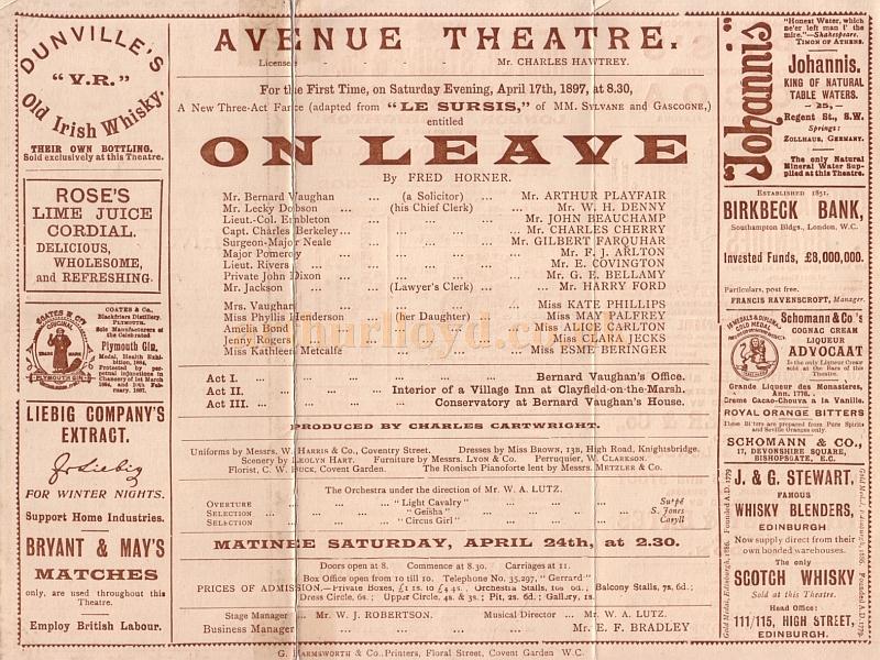 A programme for 'On Leave' at the Avenue Theatre which was produced for the first time on April the 17th 1897.