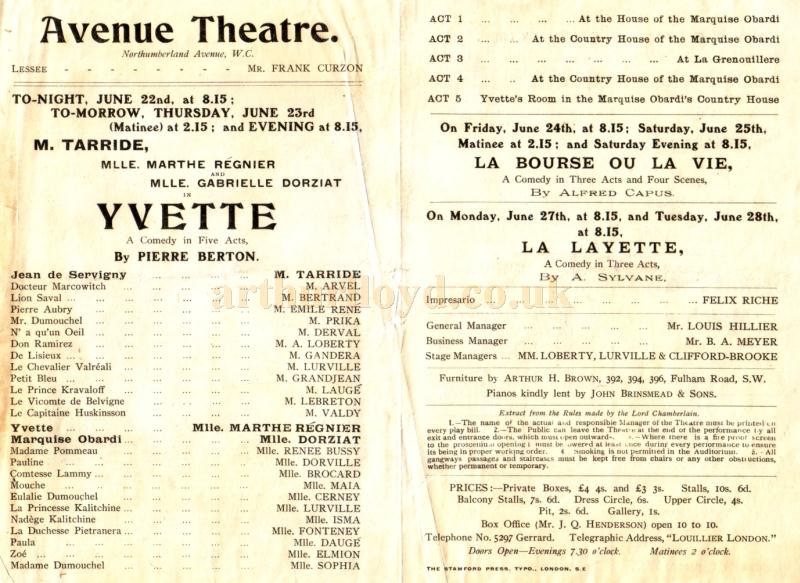 Details from a programme for ''Yvette'  at the Avenue Theatre in the early 1900s