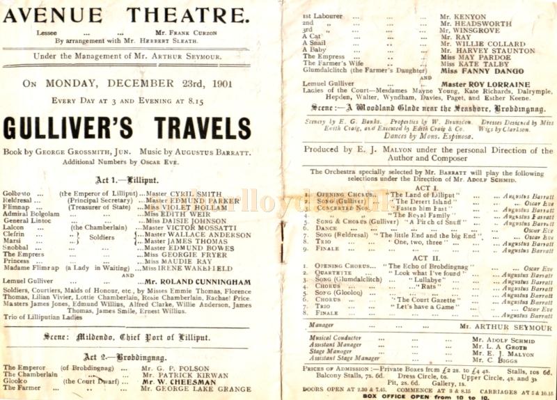 Details from a programme for ''Gulliver's Travels' at the Avenue Theatre in December 1901