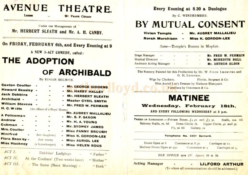 Details from a programme for 'The Adoption of Archibald' and 'By Mutual Consent'  at the Avenue Theatre in the early 1900s