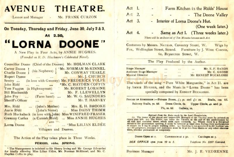 Details from a programme for ' Lorna Doone'  at the Avenue Theatre in the early 1900s