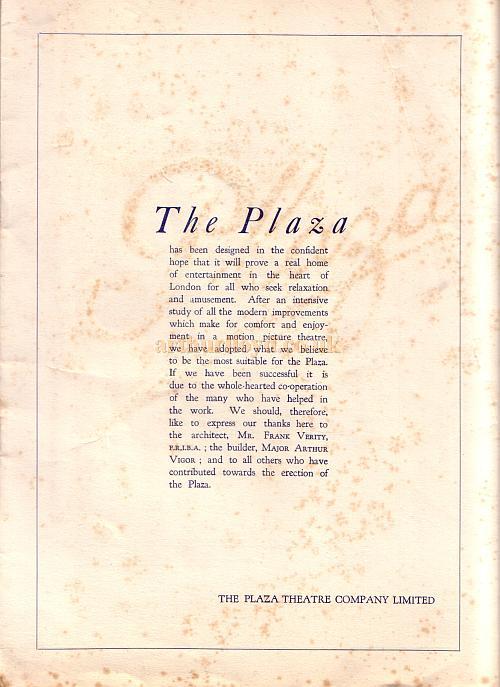The opening night programme for the Plaza Theatre, Piccadilly Circus, 1st of March 1926