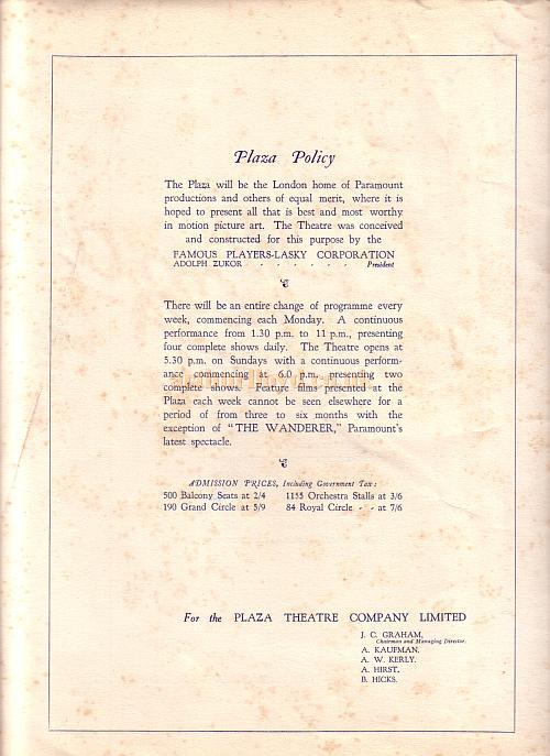 The opening night programme for the Plaza Theatre, Piccadilly Circus, 1st of March 1926