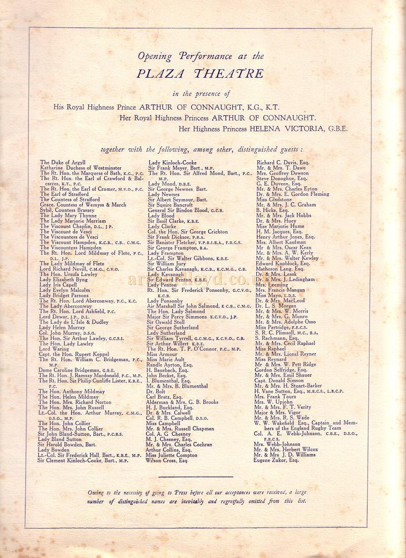 The opening night programme for the Plaza Theatre, Piccadilly Circus, 1st of March 1926