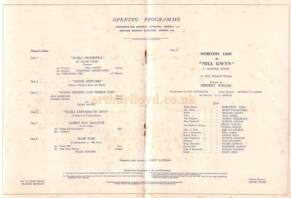 The opening night programme for the Plaza Theatre, Piccadilly Circus, 1st of March 1926
