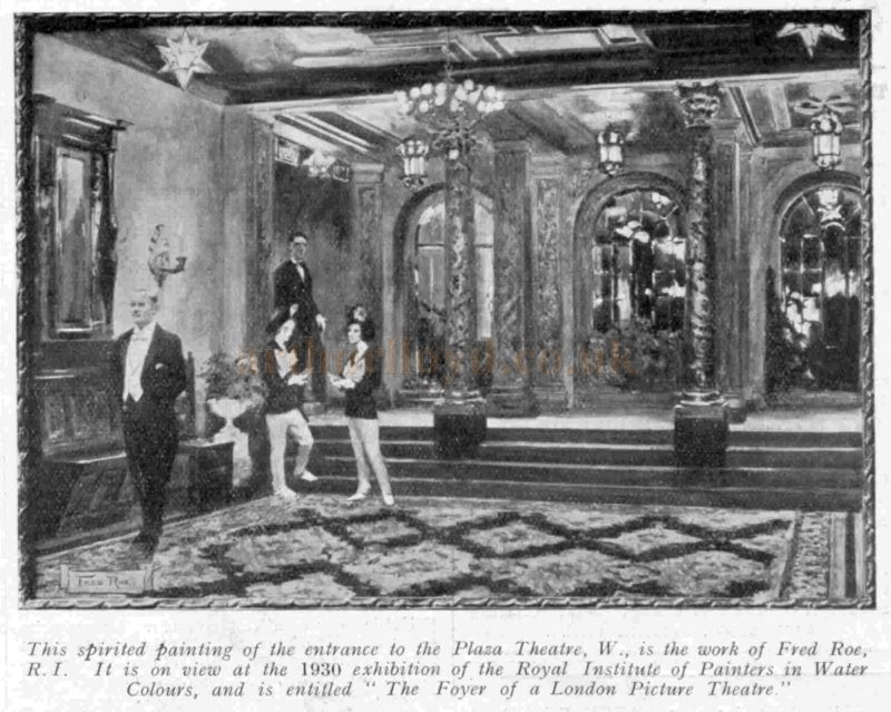 A Painting by Fred Roe depicting the Foyer of the Plaza Theatre in 1930 - From The Bioscope, 9th of April 1930.