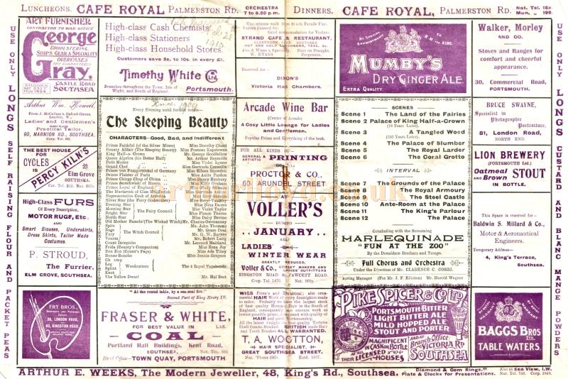 A programme for the pantomime 'Sleeping Beauty' at the present Theatre Royal, Portsmouth for Christmas 1909 / 1910 - Click to see the whole programme.
