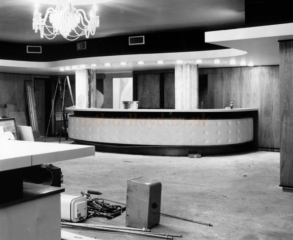 A Photograph of the Bar of the Prince Charles Theatre / Fielding's Music Hall whilst being remodelled in 1964 and shortly before being put up for sale - From the former Harold Fielding Archive - Courtesy Simon Moss, stagememories. 