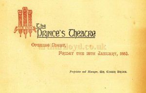 The opening night programme for the Prince's Theatre on the Friday the 18th of January 1884 - Courtesy Alison Piano - Click to see the whole programme enlarged.