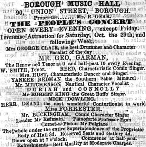 An Advertisement for the Borough music Hall under the Management of Robert Gear in 1859 - From the South London Times and Lambeth Observer, 29th of October 1859.