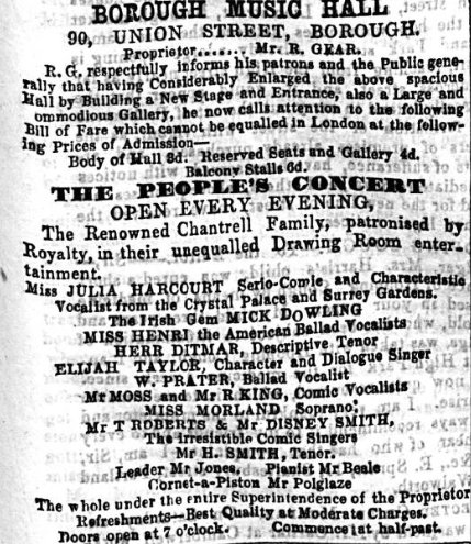 An Advertisement for the Borough music Hall under the Management of Robert Gear in 1860 - From the South London Times and Lambeth Observer, 11th of February 1860.