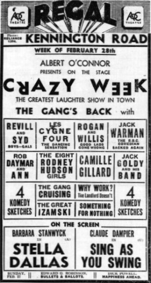 An Advertisement for the much loved Crazy Gang performing live on stage at the Regal Theatre, Kennington in 1938 - From the South London Observer, 25th of February 1938.