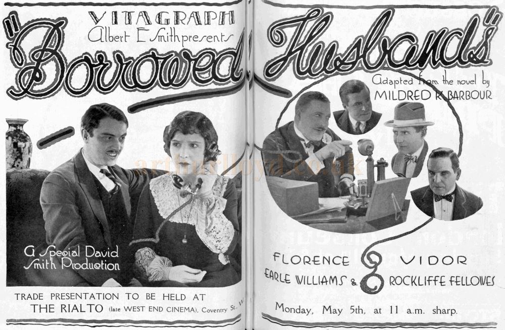 An advertisement for the Trade Presentation of the (now lost) silent film 'Borrowed Husbands' at the newly renamed Rialto Theatre in May 1924 - From The Bioscope, 1st May 1924.
