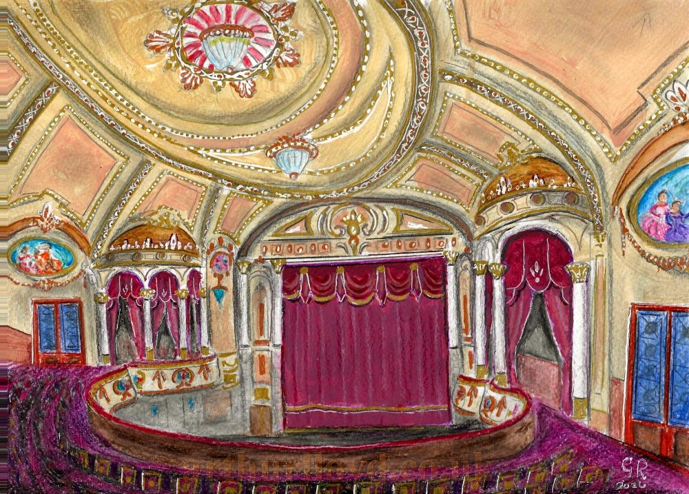 A Painting by George Richmond depicting the Auditorium of the Rialto Cinema in 1913. George says he has created the painting by extending the original drawing shown on this page to widen the stage and to incorporate the doors leading into the circle. Colours were suggested by the contemporary articles on the page - Click for an Index to all of George Richmond's Paintings on this site.