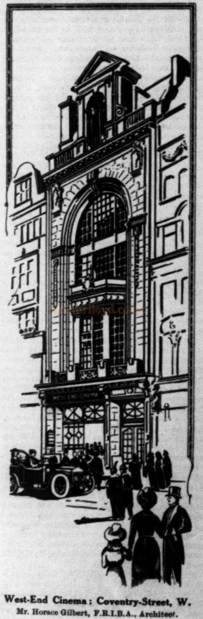 A Sketch of the Main Facade of the West End Cinema Theatre, later the Rialto Cinema, Coventry Street, London when it first opened in 1913 - From a Supplement to The Builder, 26th June 1914.