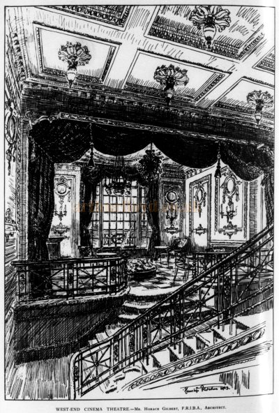A Sketch of the 1st floor Foyer and Cafe Lounge at the West End Cinema Theatre, later the Rialto Cinema, Coventry Street, London when it first opened in 1913 - From a Supplement to The Builder, 26th June 1914.