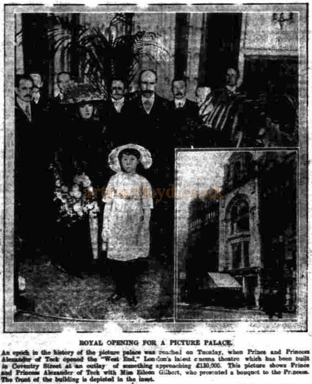 A photograph of Prince and Princess Alexander of Teck being presented with a bouquet by Eileen Gilbert at the opening of the West End Cinema Theatre, the frontage of which is shown inset - From The Luton Reporter, March 24th 1913.
