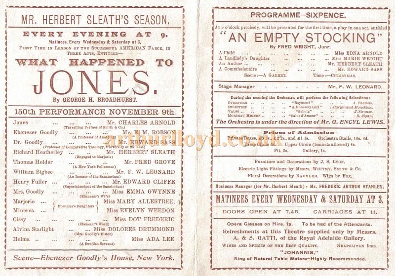 Cast details from a programme for the farce 'What Happened to Jones' which opened at the Royal Strand Theatre in 1897 and ran for 383 performances, and was the last success for J. S. Clarke as manager at the Theatre - Courtesy Peter Ribbons.