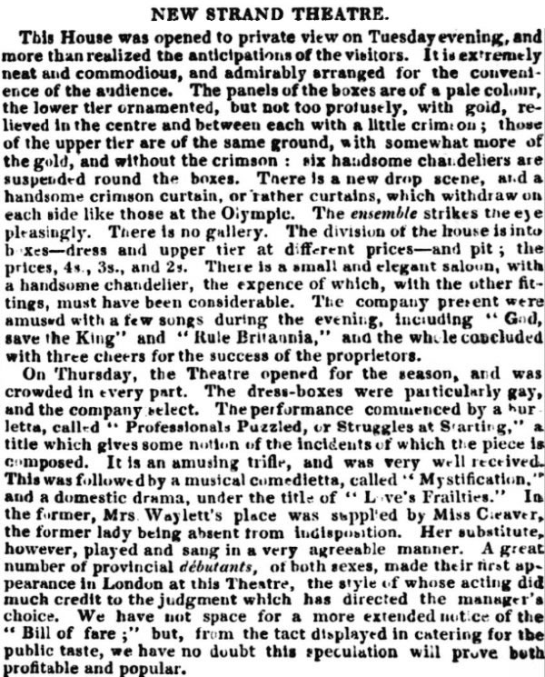 A Description and Opening Report on the New Strand Theatre - From Bell's Life in London and Sporting Chronicle, 29th of January 1832.