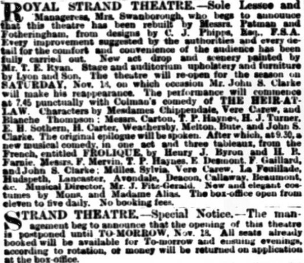 An Advertisement for the Reopening of the Royal Strand Theatre in 1882 - From the Daily Telegraph & Courier (London), 17th of November 1882.