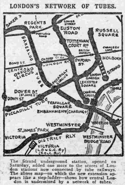 A Map of the Underground in 1907 marking the opening of the New Strand Station on the site of the former Royal Strand Theatre - From the Daily Mirror, 2nd of December 1907.