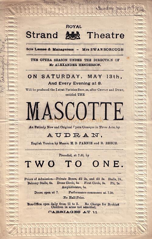 A Programme for 'Mascotte' at the Royal Strand Theatre, London in 1882