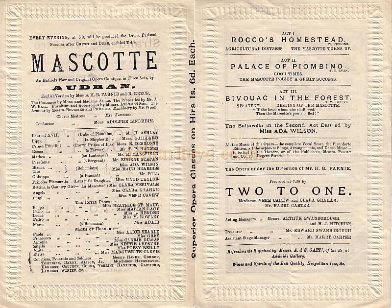 A Programme for 'Mascotte' at the Royal Strand Theatre, London in 1882