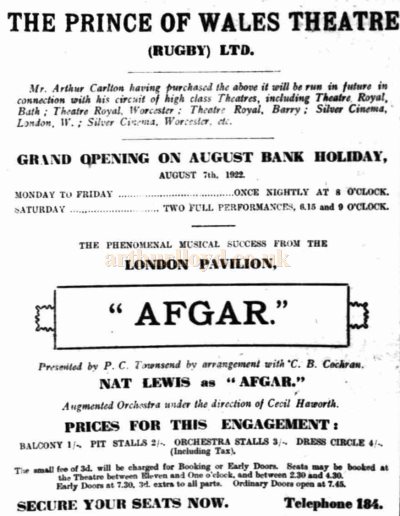 An Advertisement for the Opening of the Prince of Wales Theatre, Rugby in 1922 - From the Rugby Advertiser, 4th of August 1922.