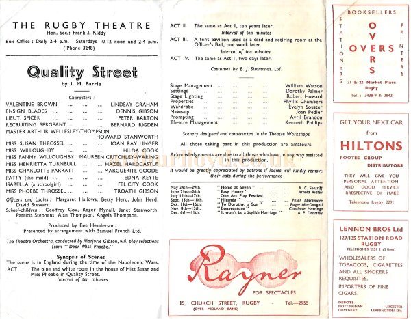 A Programme for the Rugby Theatre Society's Amateur Production of 'Quality Street' by J. M. Barrie at the Rugby Theatre in April 1954 - Courtesy Simon Moss, stagememories.