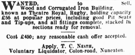An Advertisement for the sale of the Theatre Royal, Rugby and its fixtures and fittings in 1907 - From the ERA, 23rd of November 1907.