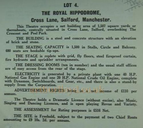 In 1931 William Broadhead died and the following year the Hippodrome was put up for auction, along with the other Theatres in the Broadhead Circuit, here details of the Lot for the Hippodrome are shown. 