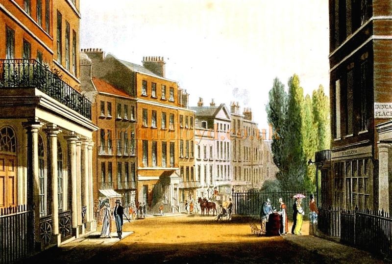 Leicester Square from Leicester Place, showing the Exterior of the former Sans Souci Theatre to the near left - From 'The Repository of arts, literature, commerce, manufactures, fashions and politics' by Rudolph Ackermann, published in January 1812. 