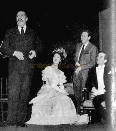 Sir Laurence Olivier hamming it up in 'Cavalcade of 1906' at the Saville Theatre in November 1956. Beside him is his then wife Vivian Leigh - From The Sphere, 8th of December 1956.